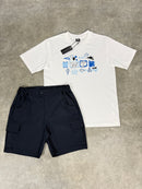 White Blue Metaphor / Navy Cargo Shorts Set