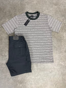 Grey Striped T-Shirt / Dark Grey Cargo Shorts Set