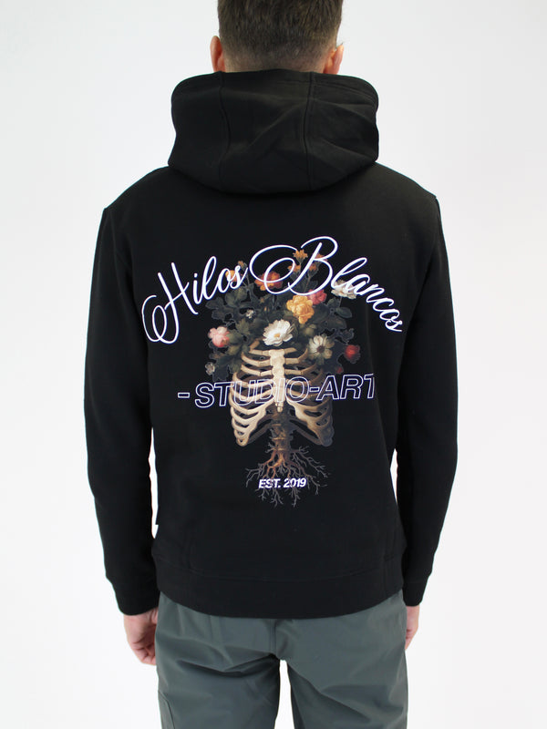 Black Floral Hilos Blancos Hoodie