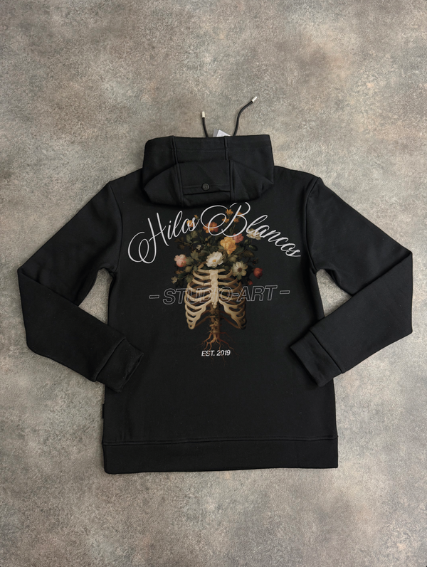 Kids Black Floral Hilos Blancos Hoodie